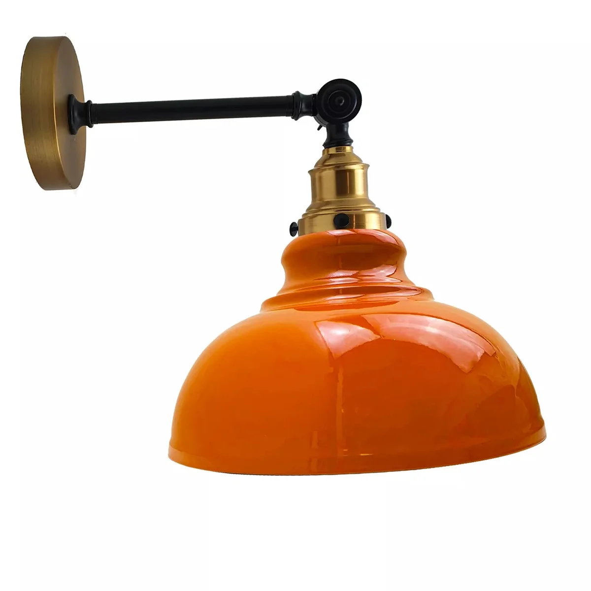 Industrial wall light with curvy metal shade and glossy finish, mounted on indoor wall, E27 bulb compatible, retro style