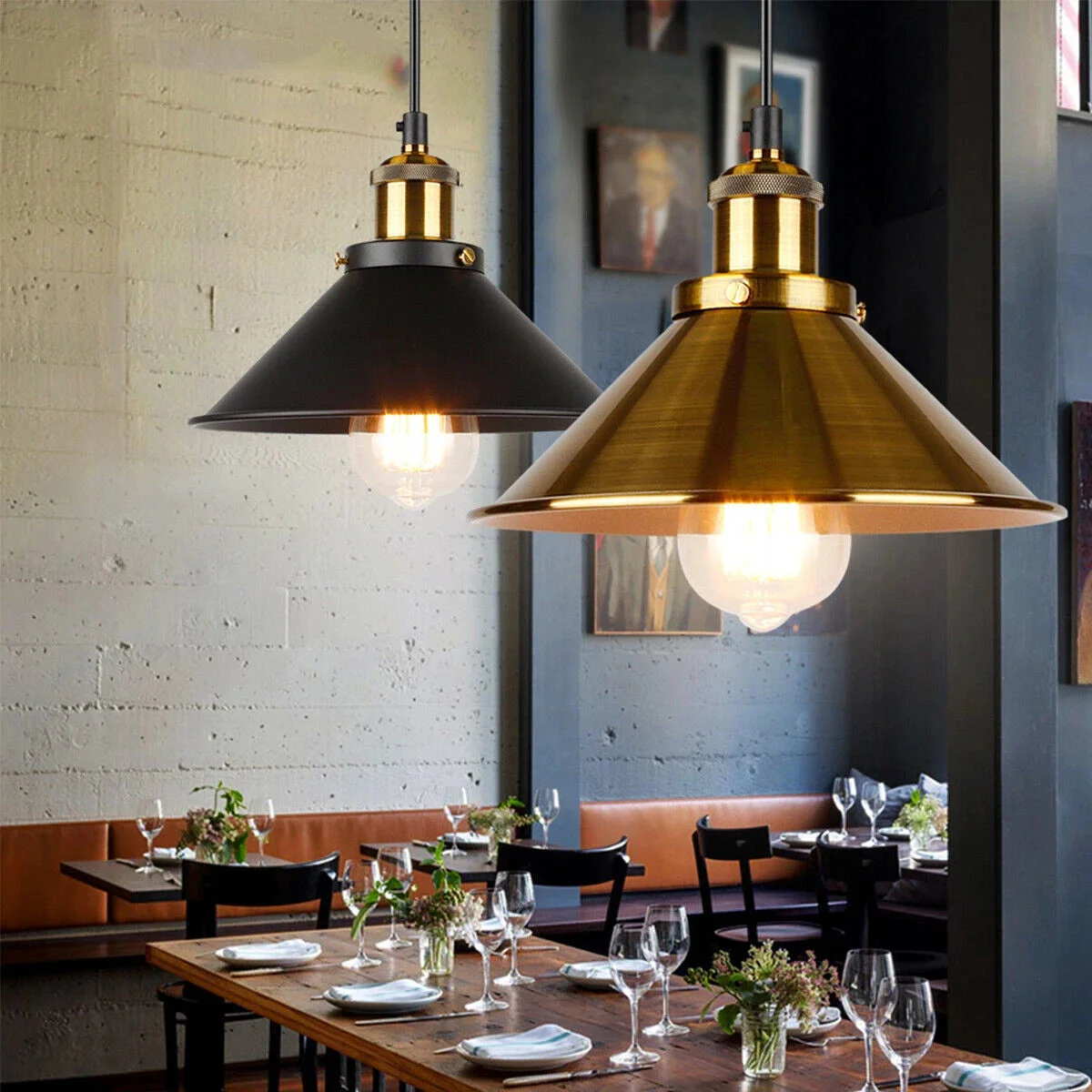 Vintage brass pendant light with brushed yellow cone shade, adjustable height, and E27 base for indoor use