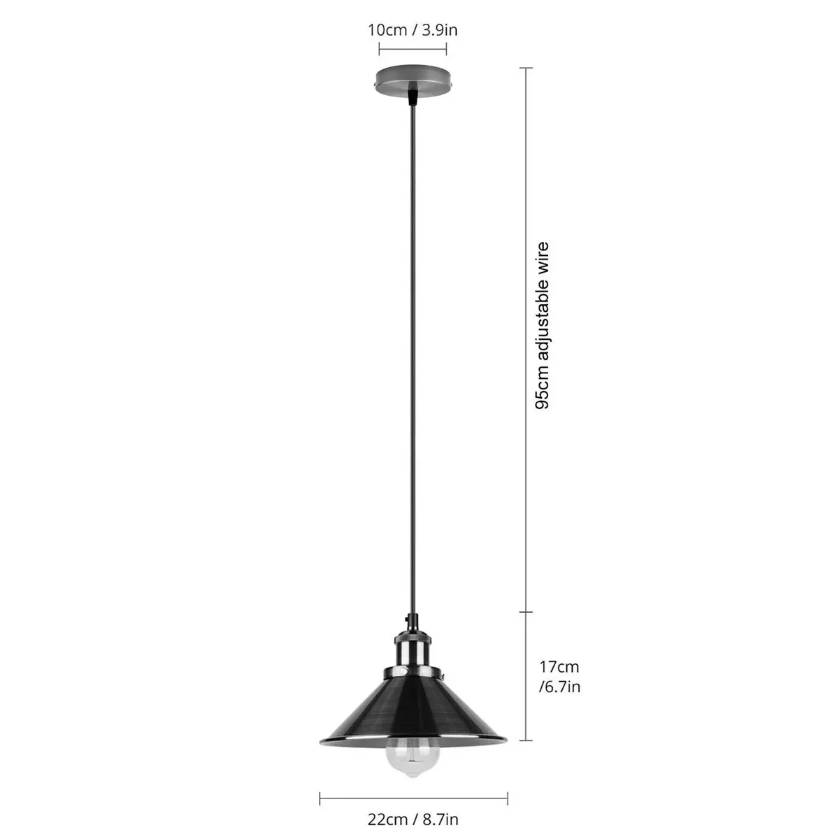 Vintage yellow brass cone pendant light with adjustable height and E27 base, hardwired for indoor use