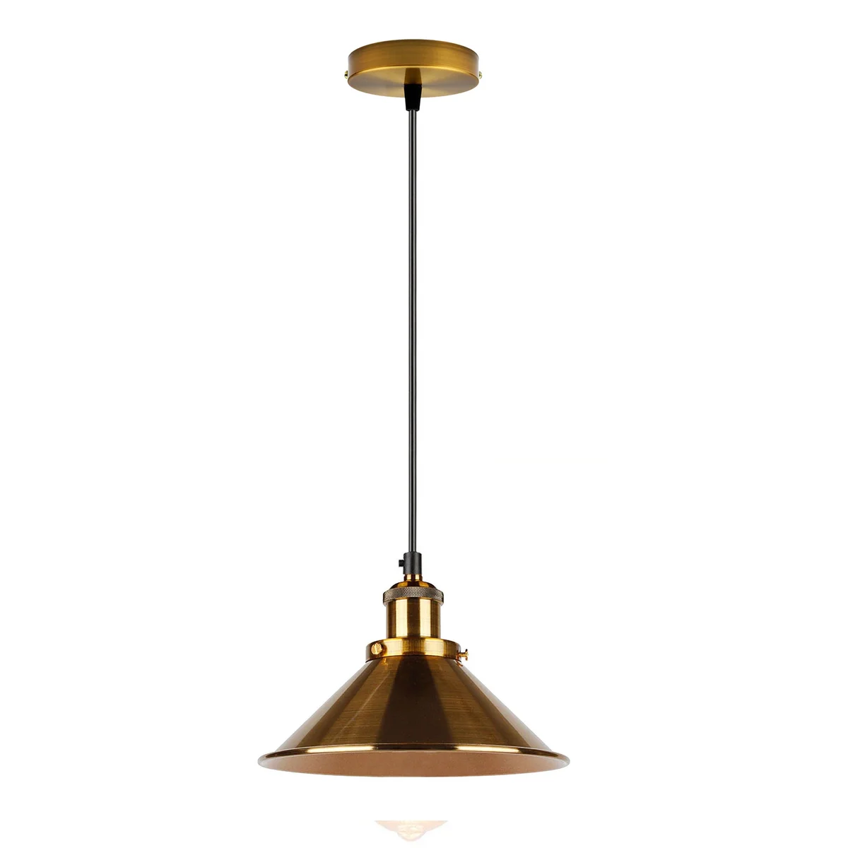 Vintage yellow brass cone-shaped warm white pendant lamp with adjustable height, hardwired ceiling installation, indoor use
