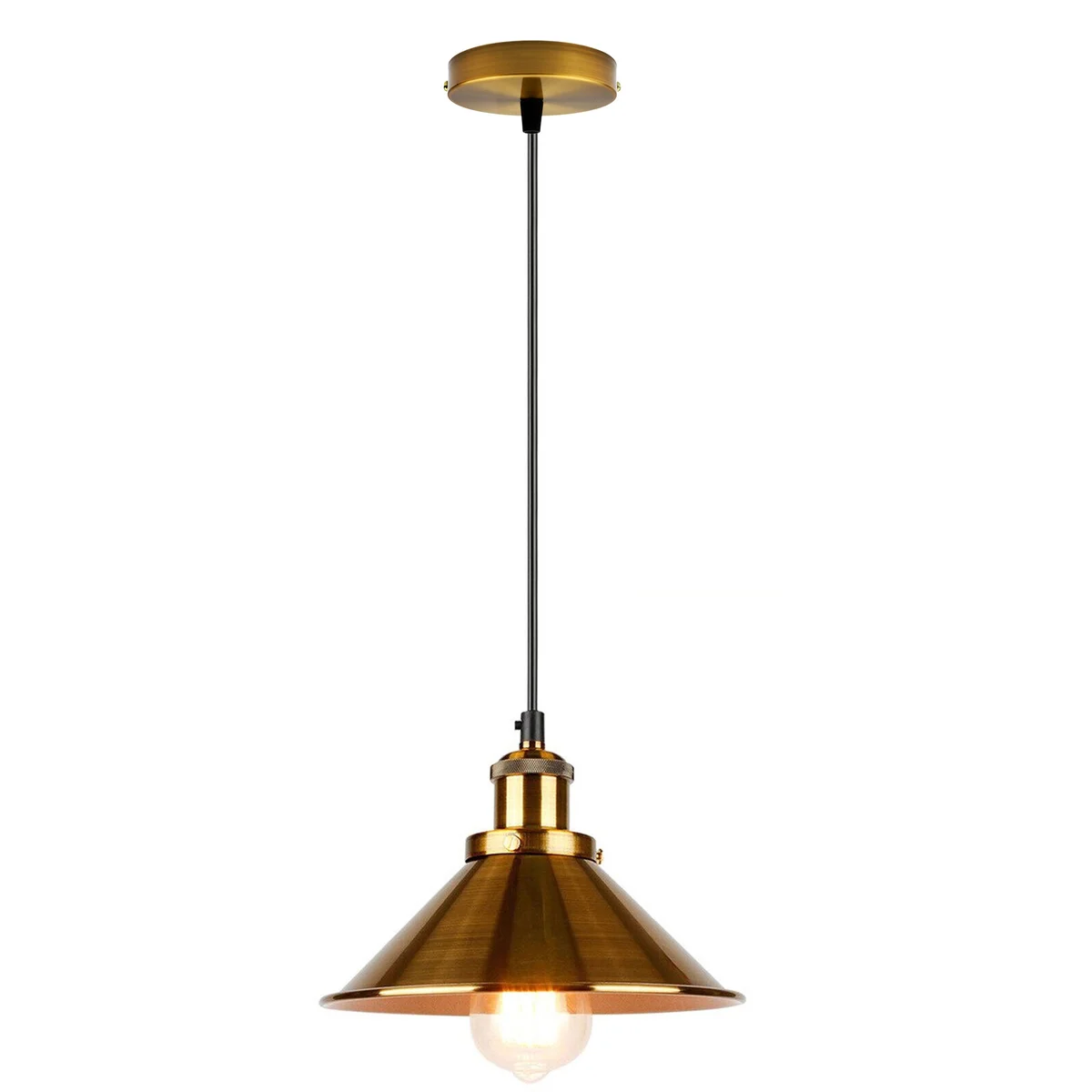 Brushed yellow brass cone shade E27 base pendant light hanging from adjustable cord against white background