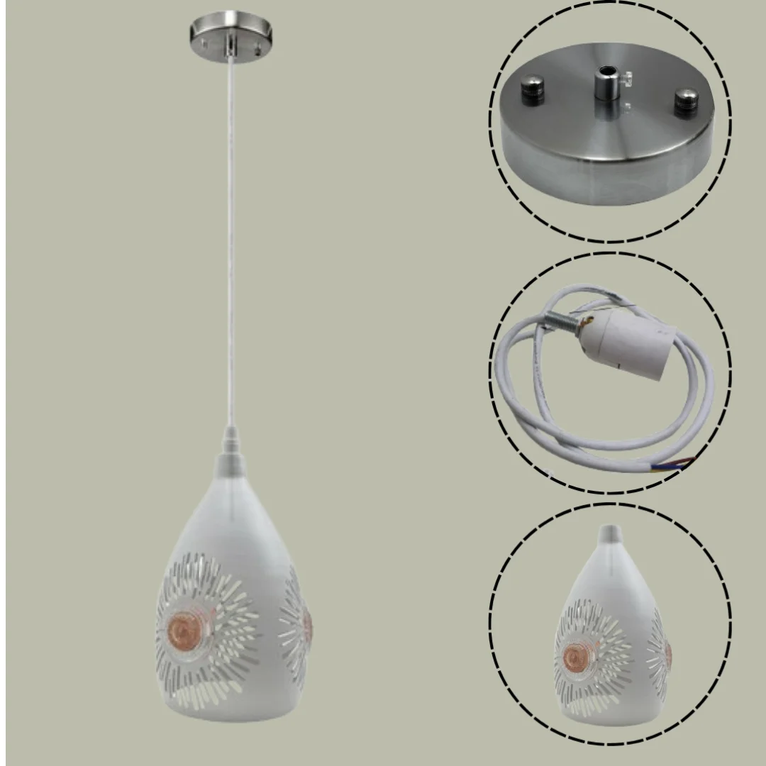 White patterned dimmable ceiling pendant light with E27 bulb, adjustable 95cm cable, metal and PVC materials