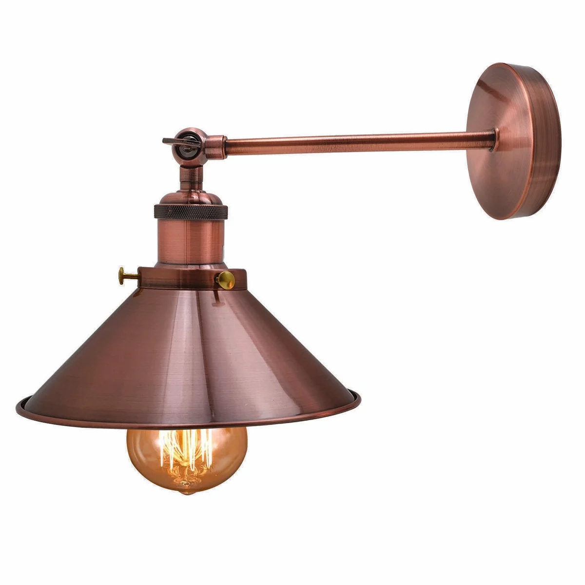 Adjustable industrial wall light with antique brass metal cone shade mounted on a wall, vintage mid-century style