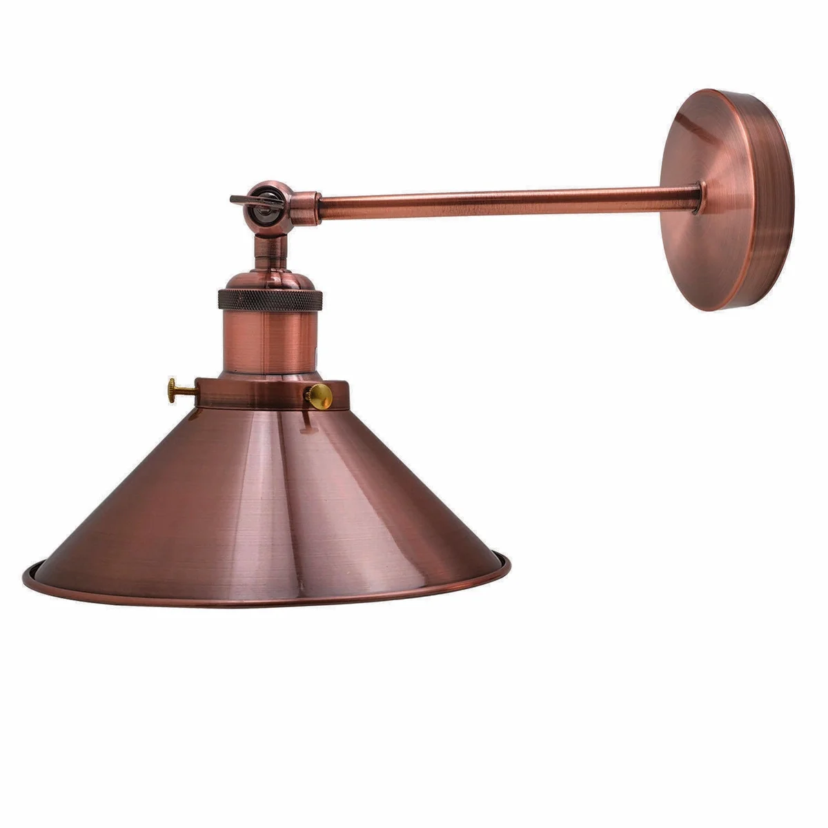 Adjustable antique brass bedside wall light with metal cone shade mounted on wall, vintage industrial style