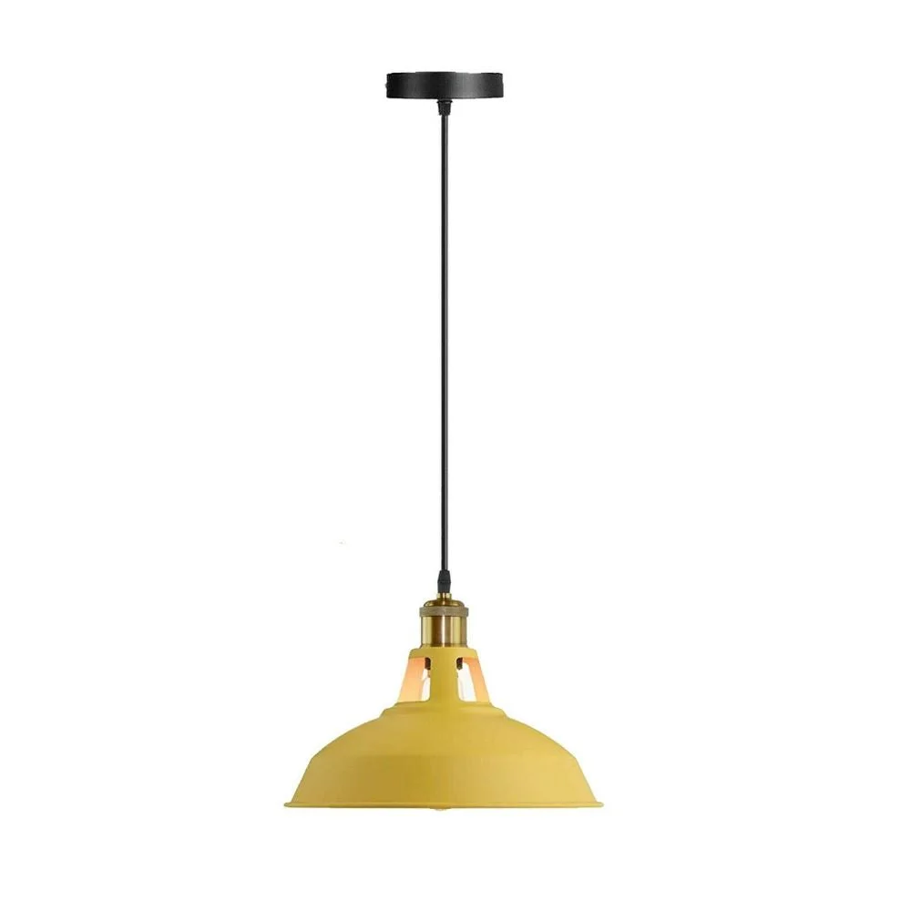 Yellow metal vintage industrial ceiling lamp with round fabric black cable and E27 socket hanging from ceiling