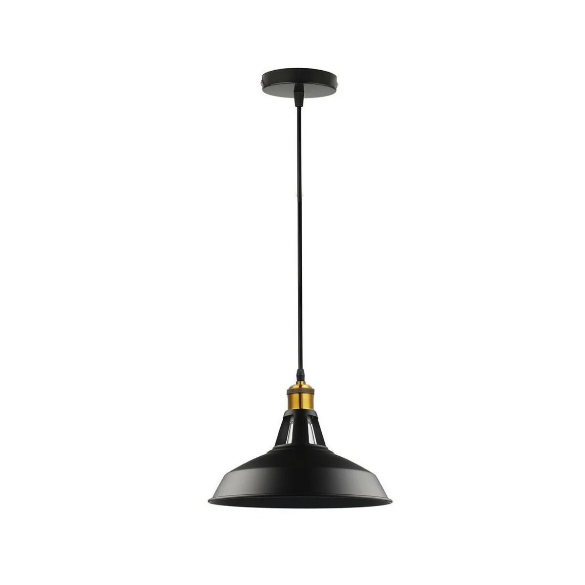 Modern black metal pendant light with industrial retro design and included dimmable bulb hanging from ceiling fixture