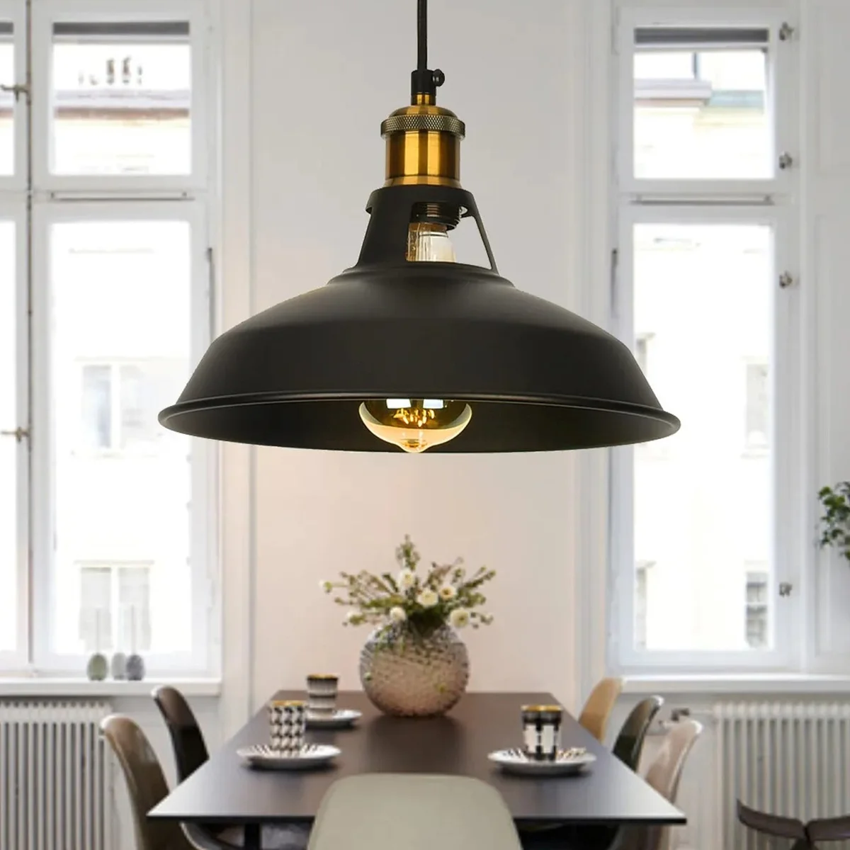 Black retro metal pendant light with industrial design, hanging ceiling lampshade including free dimmable bulb