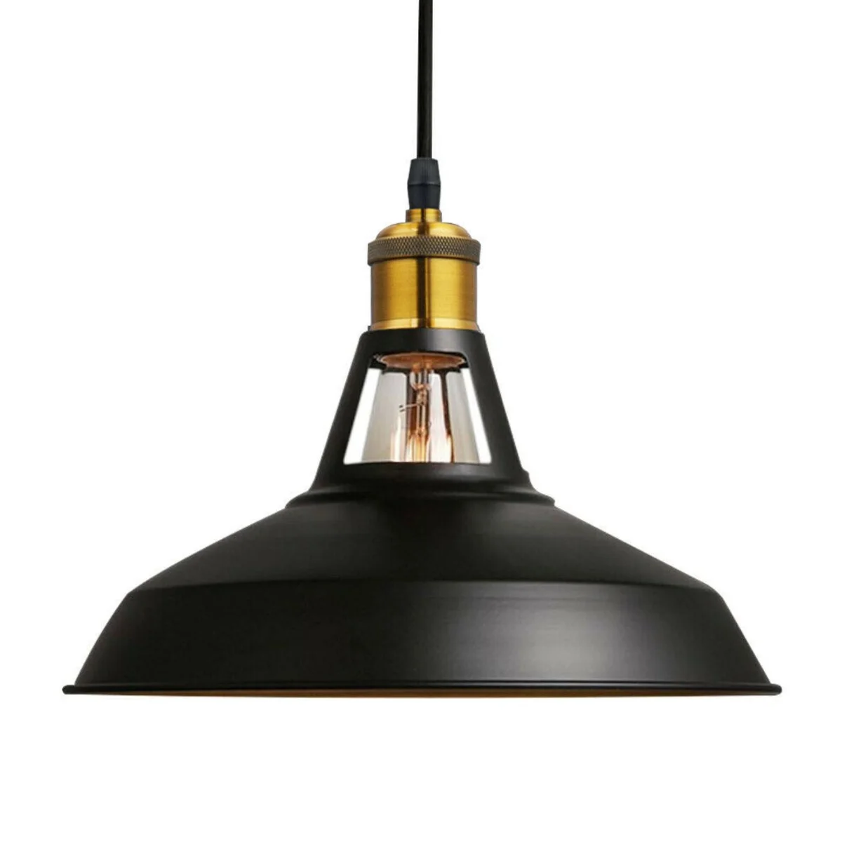 Modern black metal pendant lampshade with E27 bulb pendant light, industrial retro ceiling fixture hanging in room