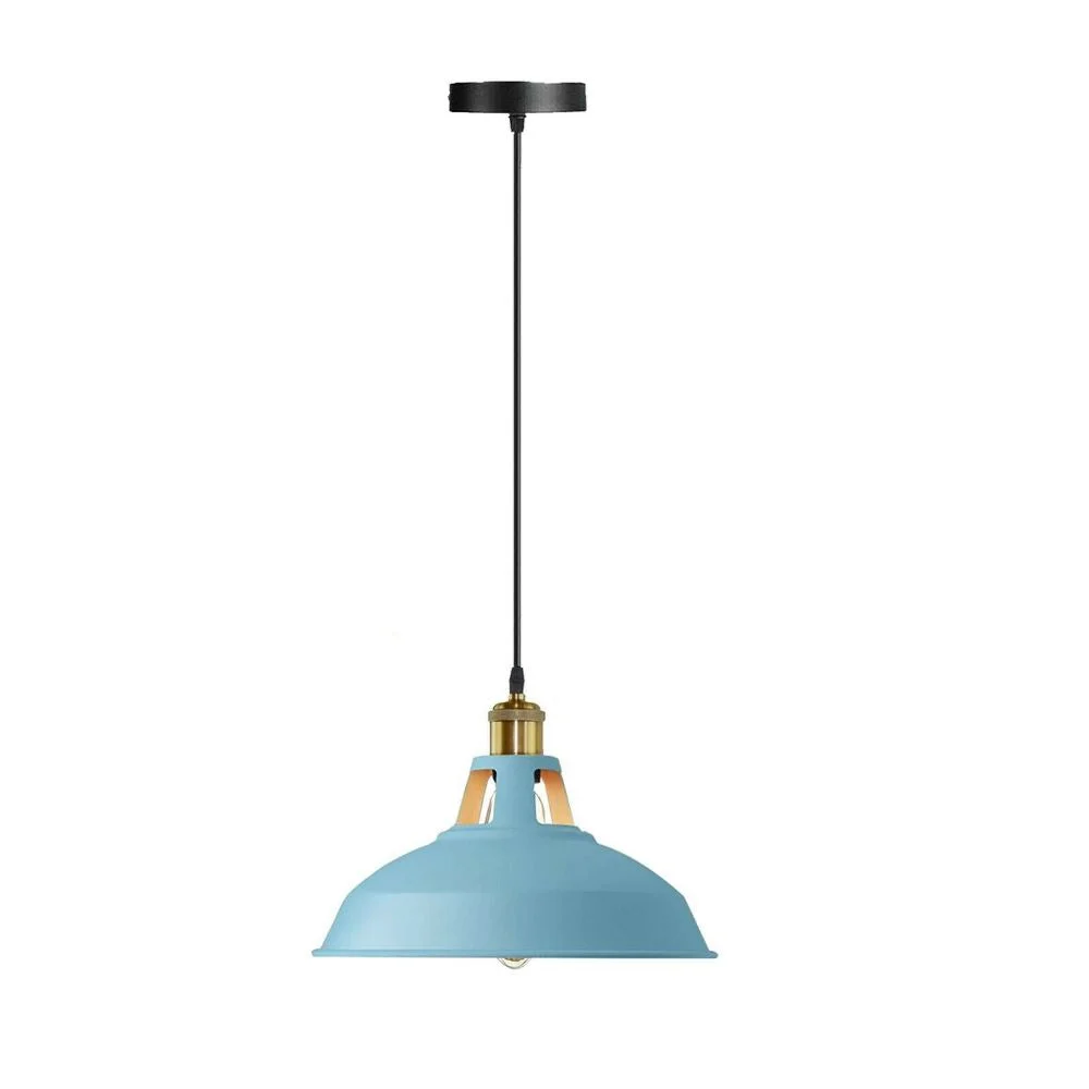Industrial blue pendant ceiling light with retro metal lampshade, black fabric cord, and round ceiling canopy