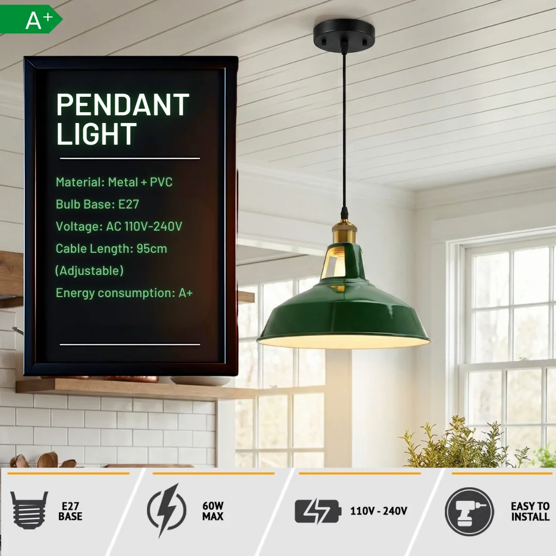 Modern green pendant light with metal lampshade, industrial retro style, hanging cord, suitable for home decor lighting