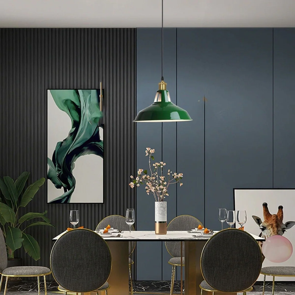 Modern green metal lampshade pendant light with cord and ceiling canopy, industrial retro style, E27 bulb holder included