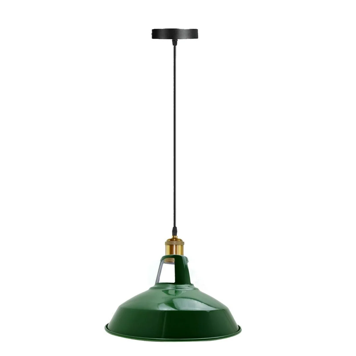 Green metal lampshade pendant light with 95cm cable, showcasing modern E27 pendant lighting design and hardware components