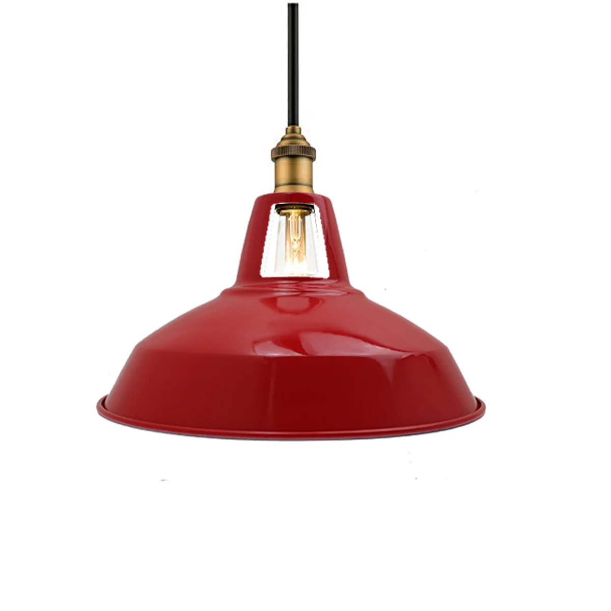 Red industrial retro style metal ceiling lampshade pendant light with plated finish hanging against white background
