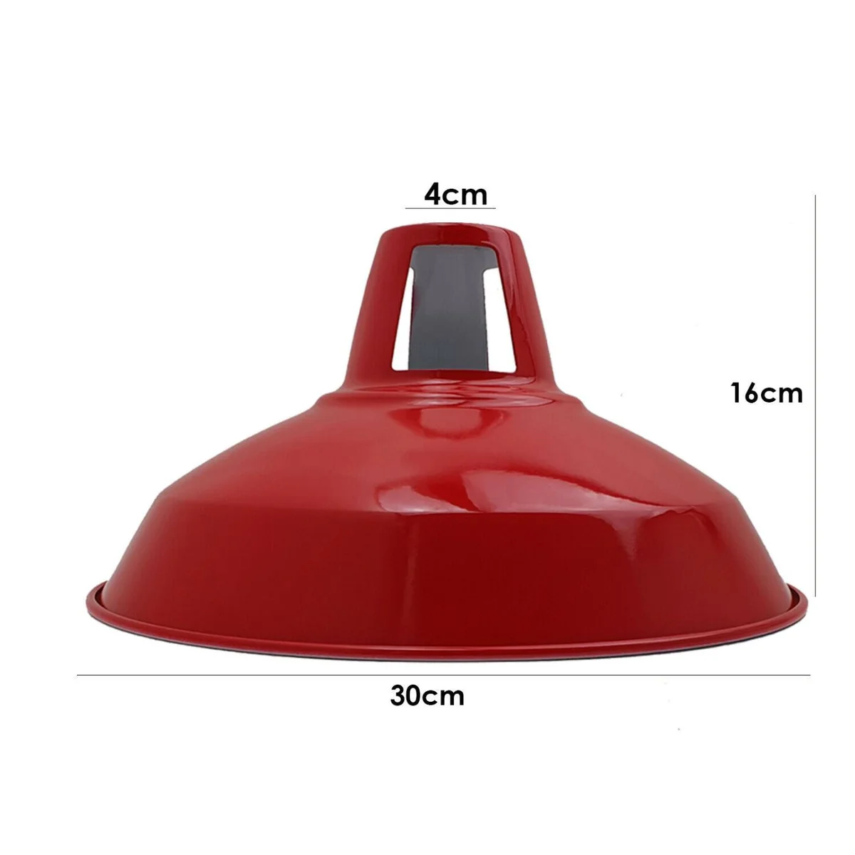 Modern red lightshade metal ceiling pendant with industrial retro design hanging in a bright room setting