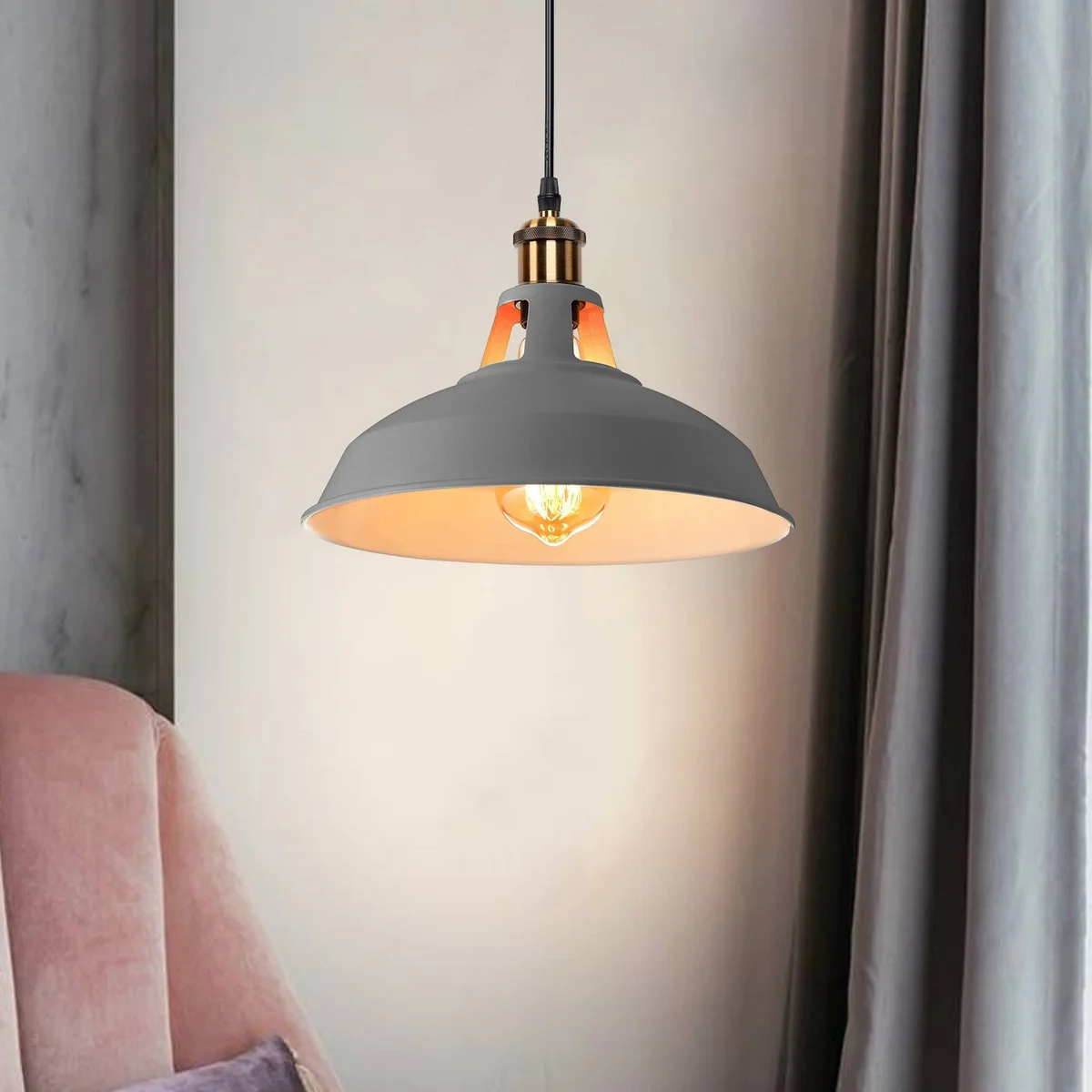 Grey metal modern pendant light with industrial retro style, cord, and ceiling canopy for home decor lighting