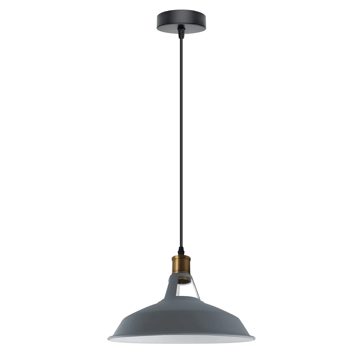 Grey metal modern industrial ceiling pendant light with E27 bulb pendant and 95cm PVC cable hanging from ceiling canopy