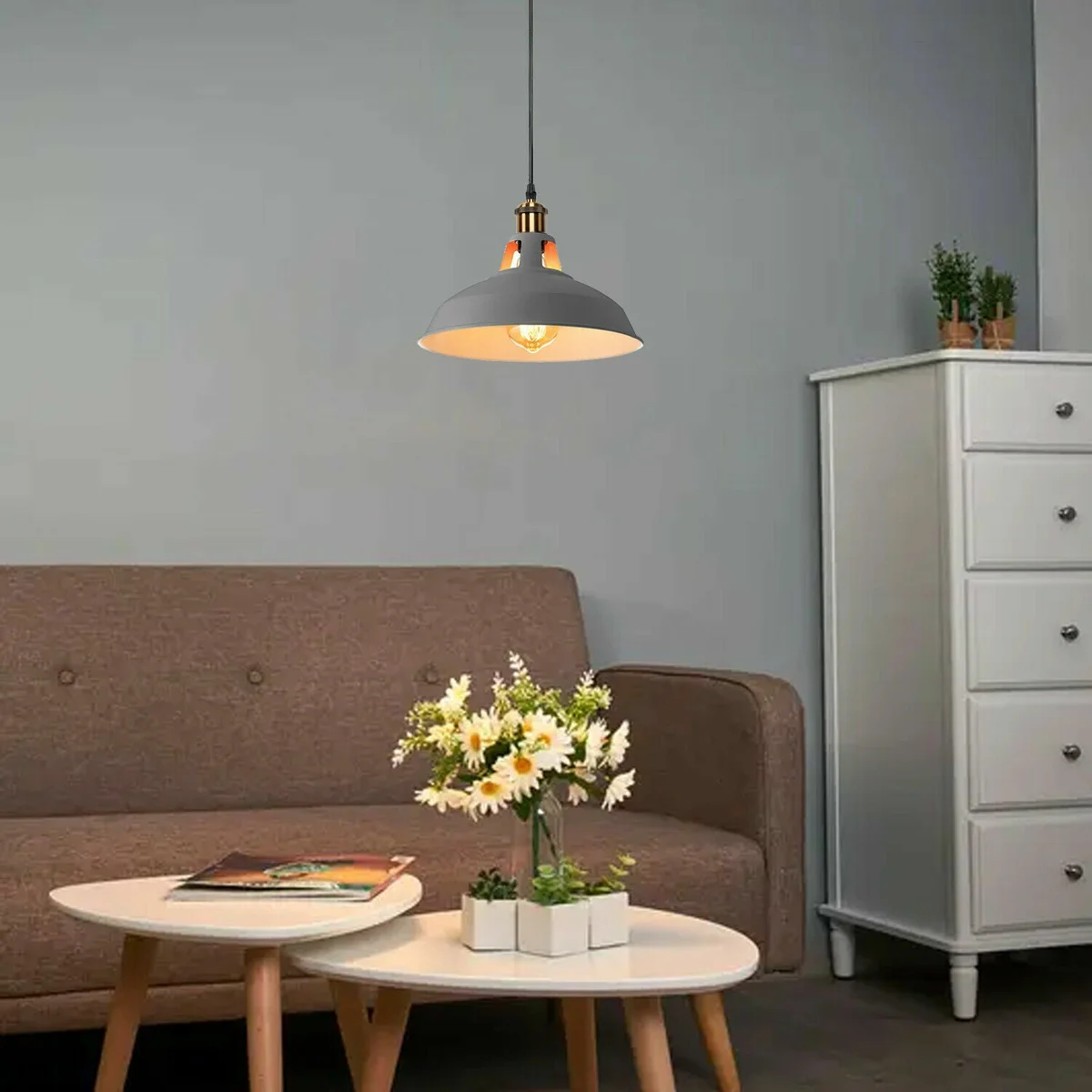 Grey metal pendant light with retro style lighting, modern industrial design, hanging from ceiling with 95cm cord