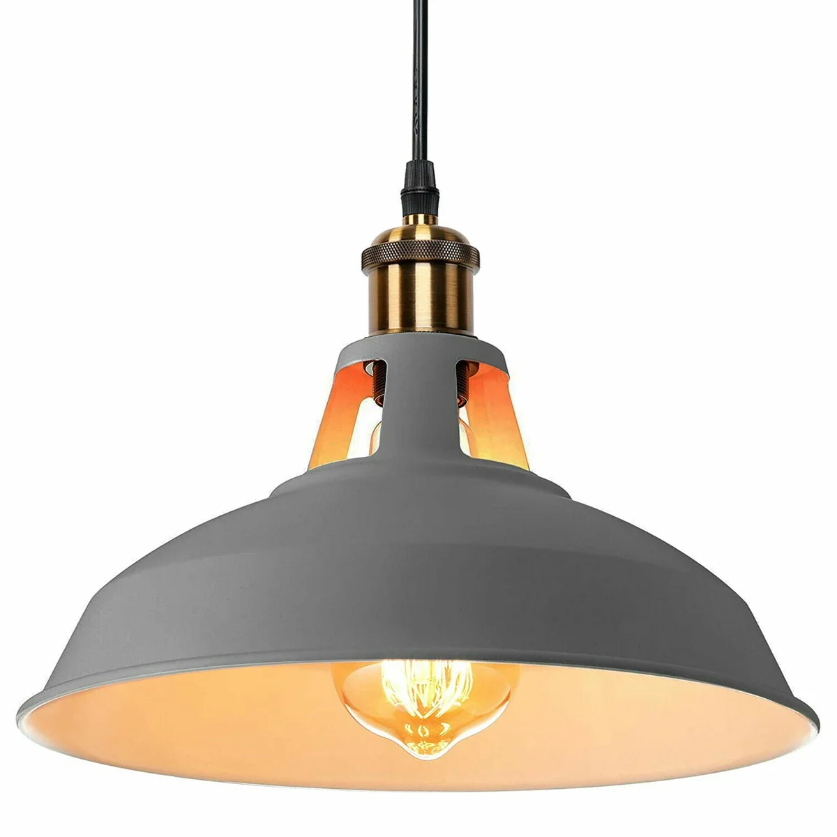 Grey metal modern pendant light with retro industrial design, metal shade, and 95cm PVC cord for ceiling installation