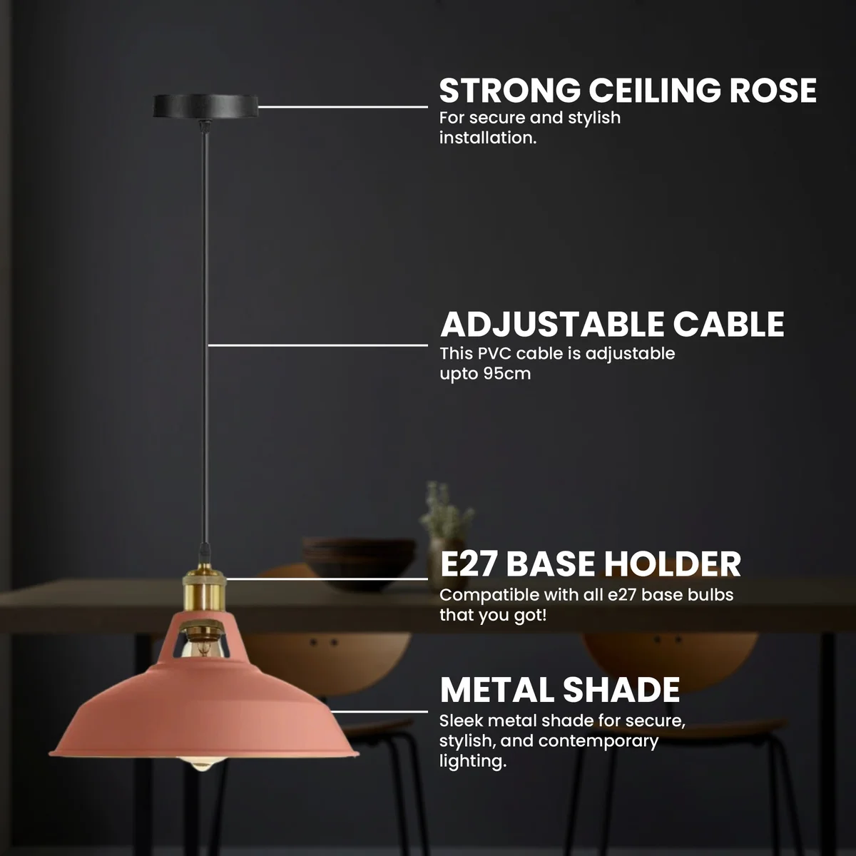 Modern pink ceiling lightshade with industrial retro design hanging from ceiling in a bright room setting