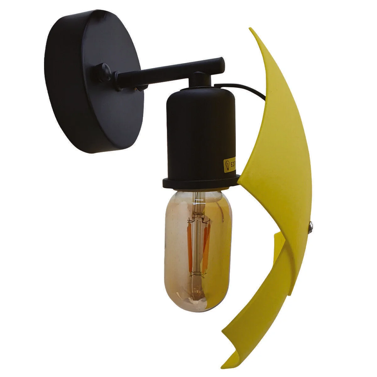 Black industrial wall light with PVC lampshade and exposed metal hardware, modern vintage design, hardwired installation