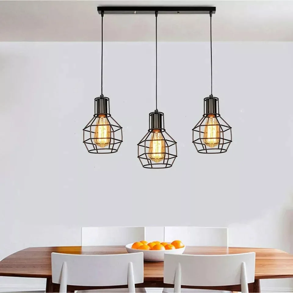 Retro Loft 3 head ceiling light with metal cage shades and three exposed E27 bulbs in vintage industrial style