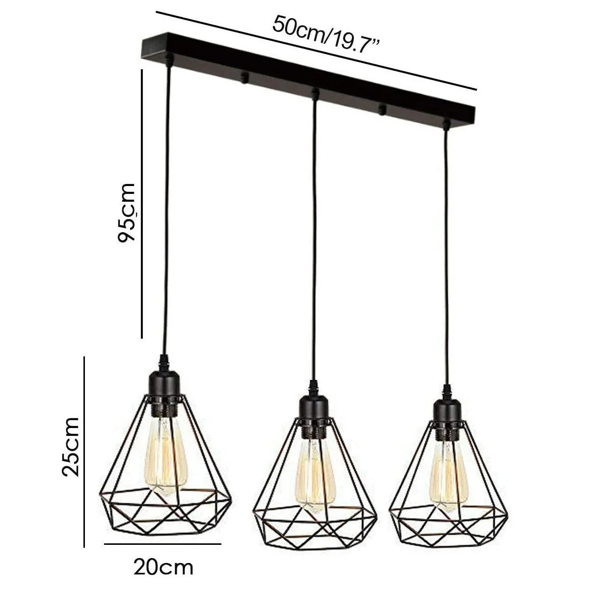 Three head vintage style ceiling light with metal cage shades and exposed bulbs hanging from 95cm cords