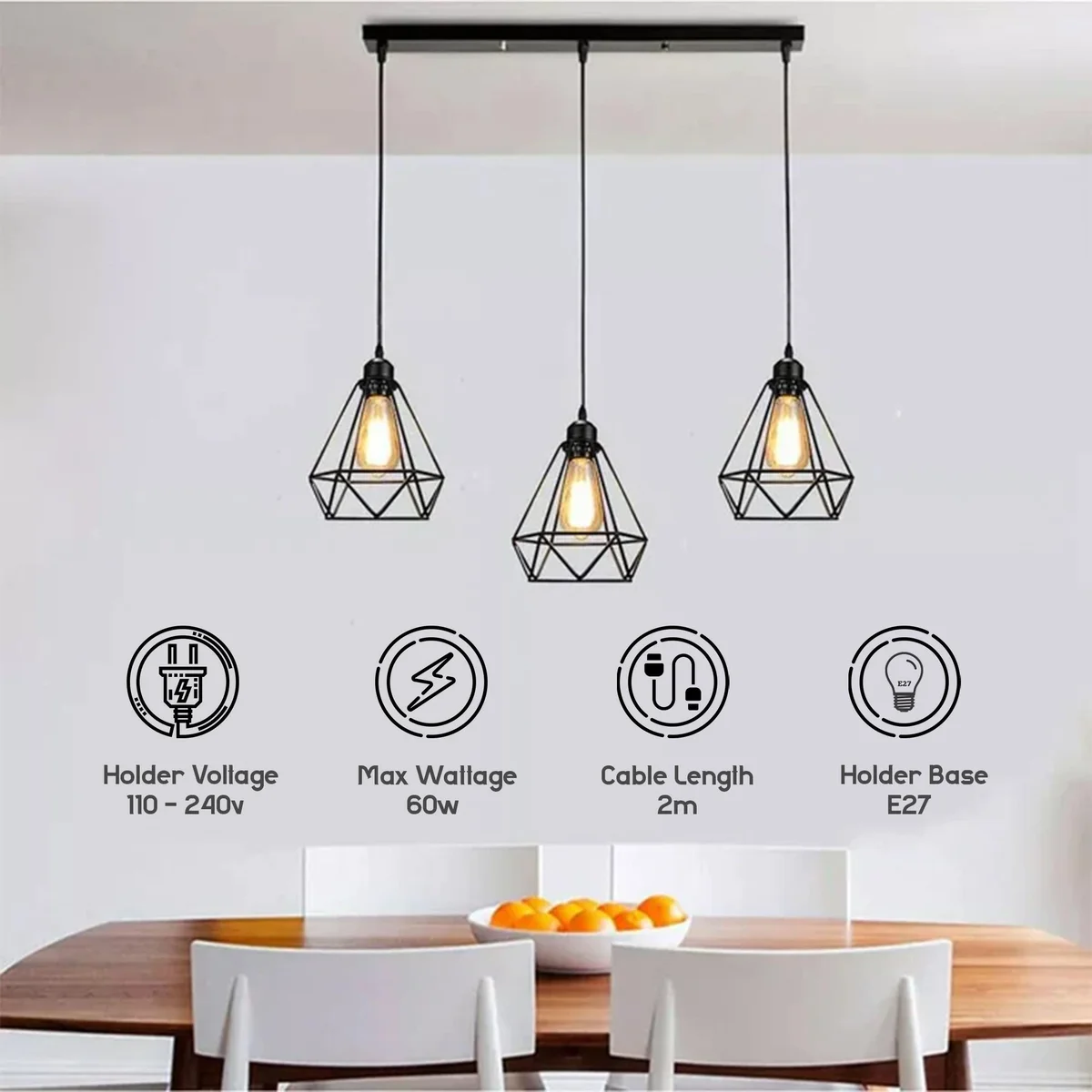 Three vintage style metal cage pendant light shades with bulbs hanging from a ceiling rose on a 95cm cord