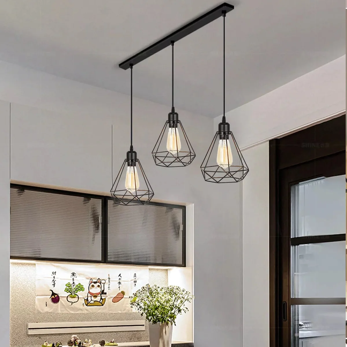 Retro Loft 3 head metal cage pendant lamp with bulbs, vintage style indoor pendant lighting for home or cafe ceiling installation