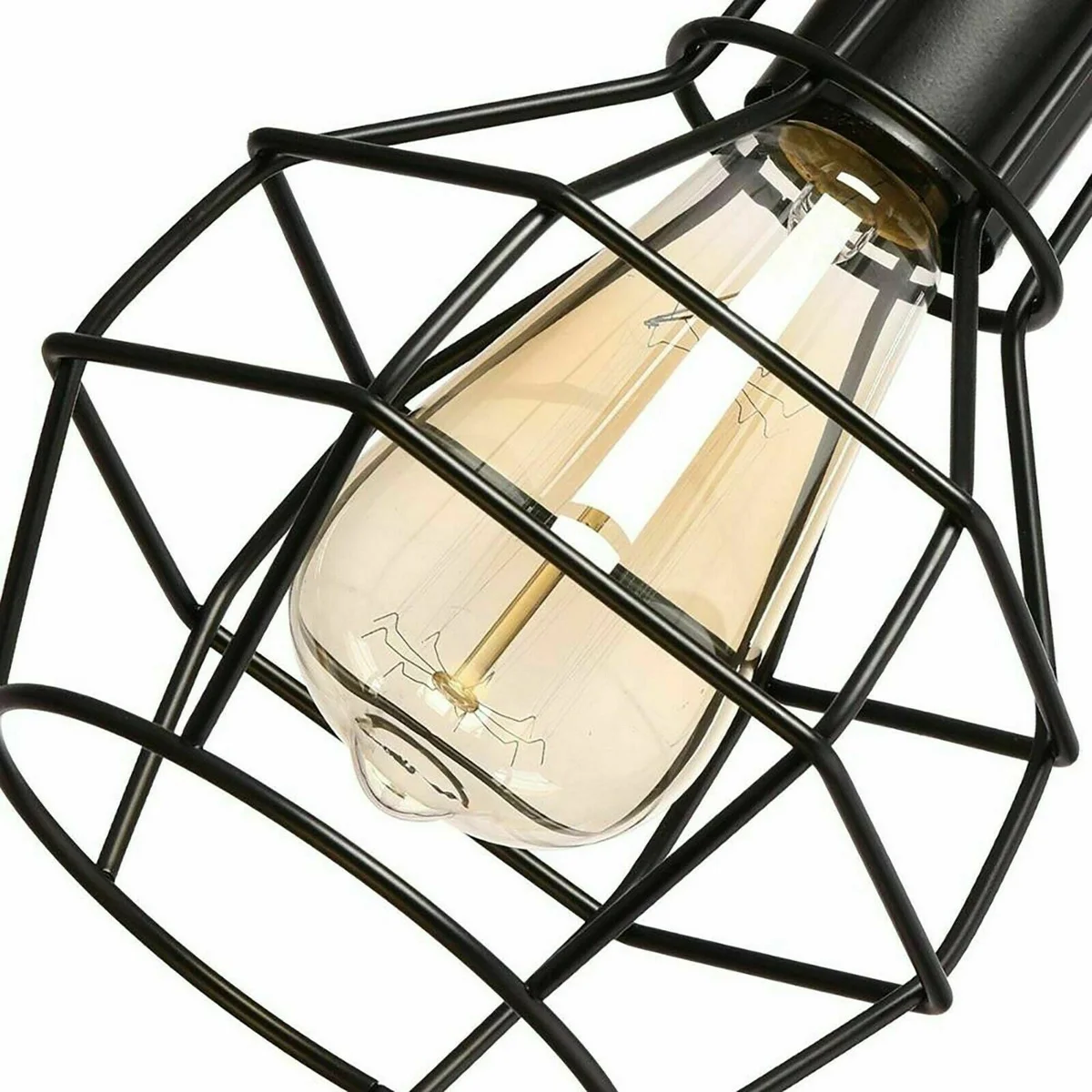 Retro Loft 3 head ceiling light with metal cage shades and three exposed bulbs hanging from 95cm cords against white background