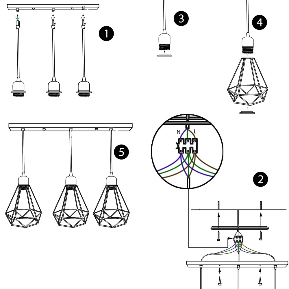 Vintage style 3 head ceiling light with metal cage shades and exposed bulbs hanging from 95cm cords against white background
