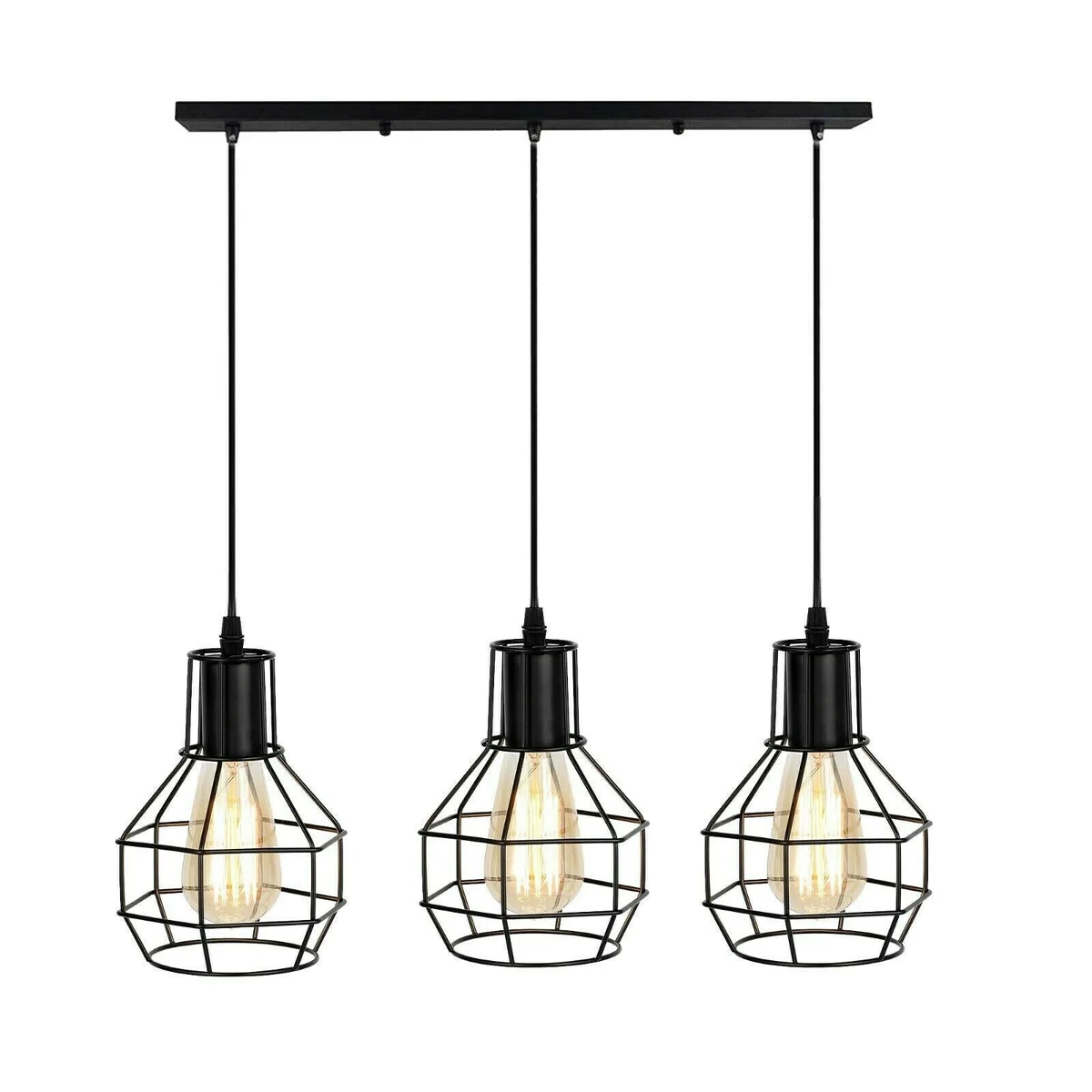 Retro Loft 3 head ceiling light with metal cage shades and three exposed bulbs hanging from 95cm cords