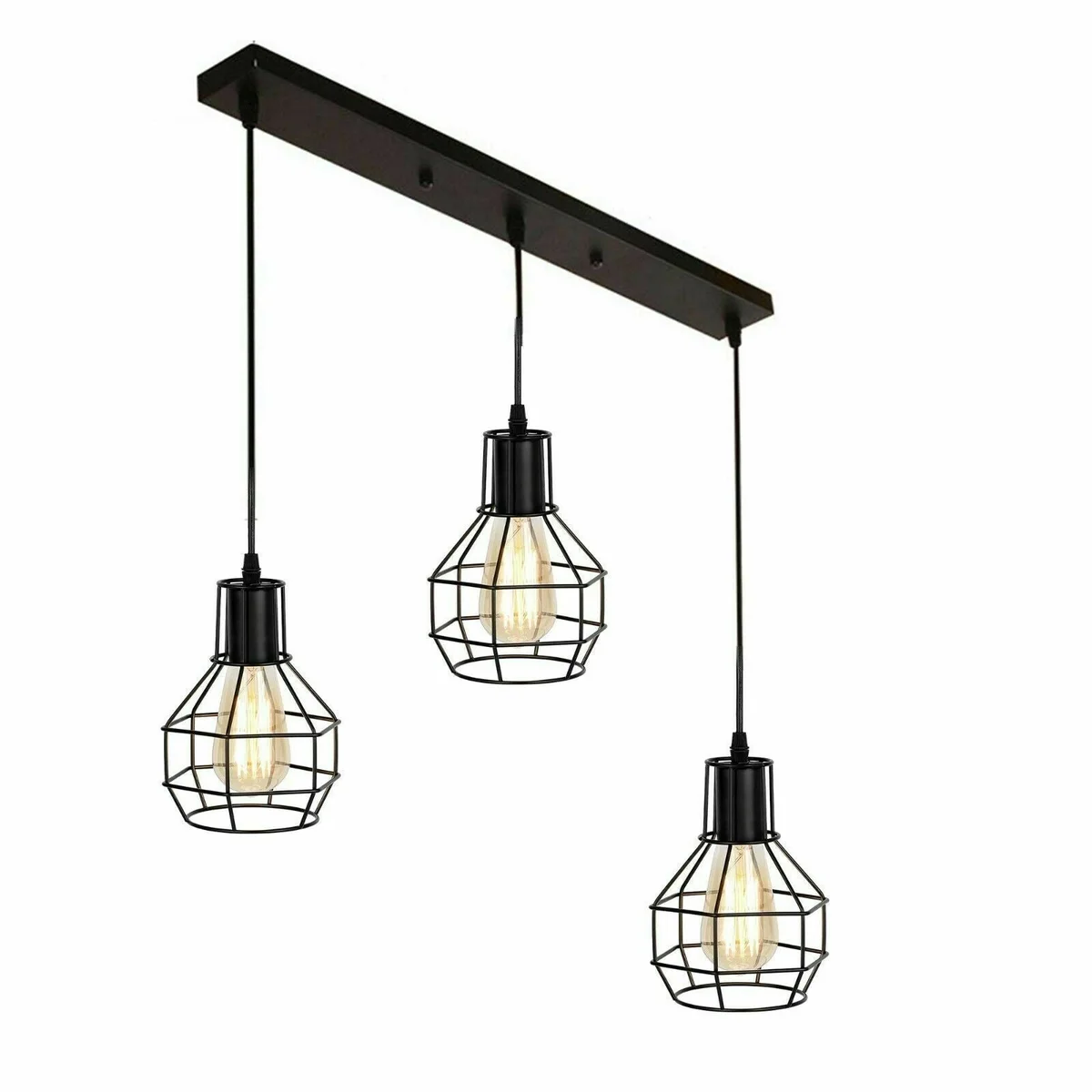 Retro Loft 3 head ceiling light with metal cage shades and exposed bulbs hanging against a white background