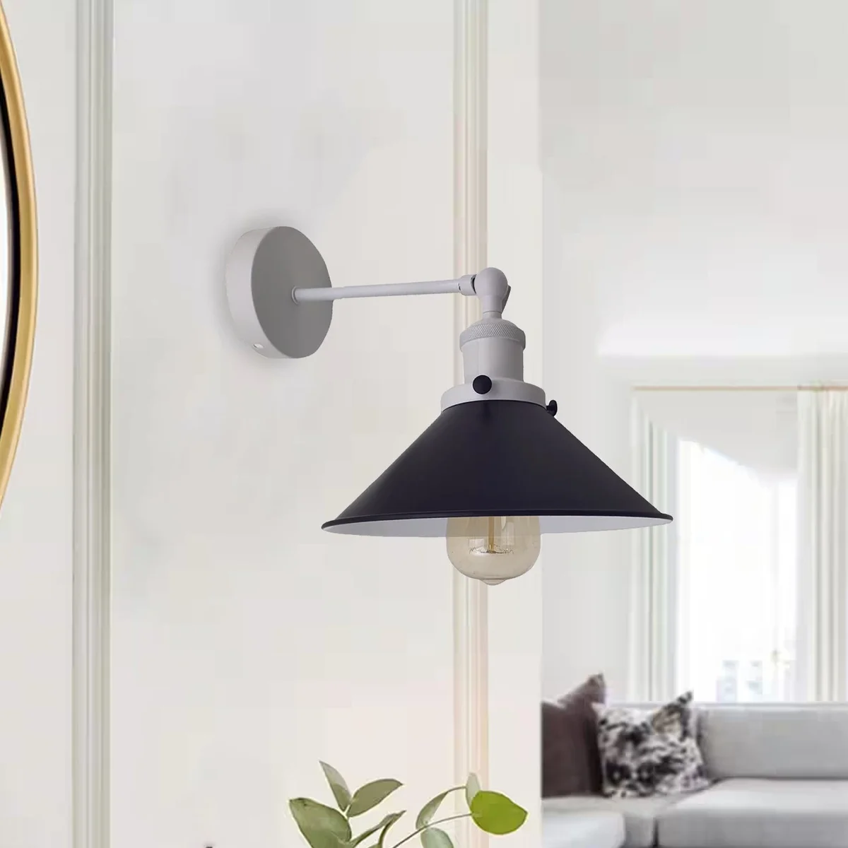 Adjustable black and white industrial style wall sconce lamp with E27 bulb, metal shade, and ceiling rose accessory