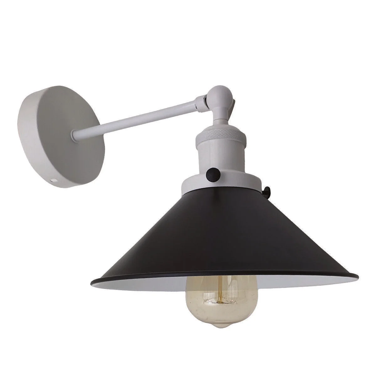 Adjustable black wall lamps with white industrial metal shade, E27 holder, and included bulb mounted on a white wall