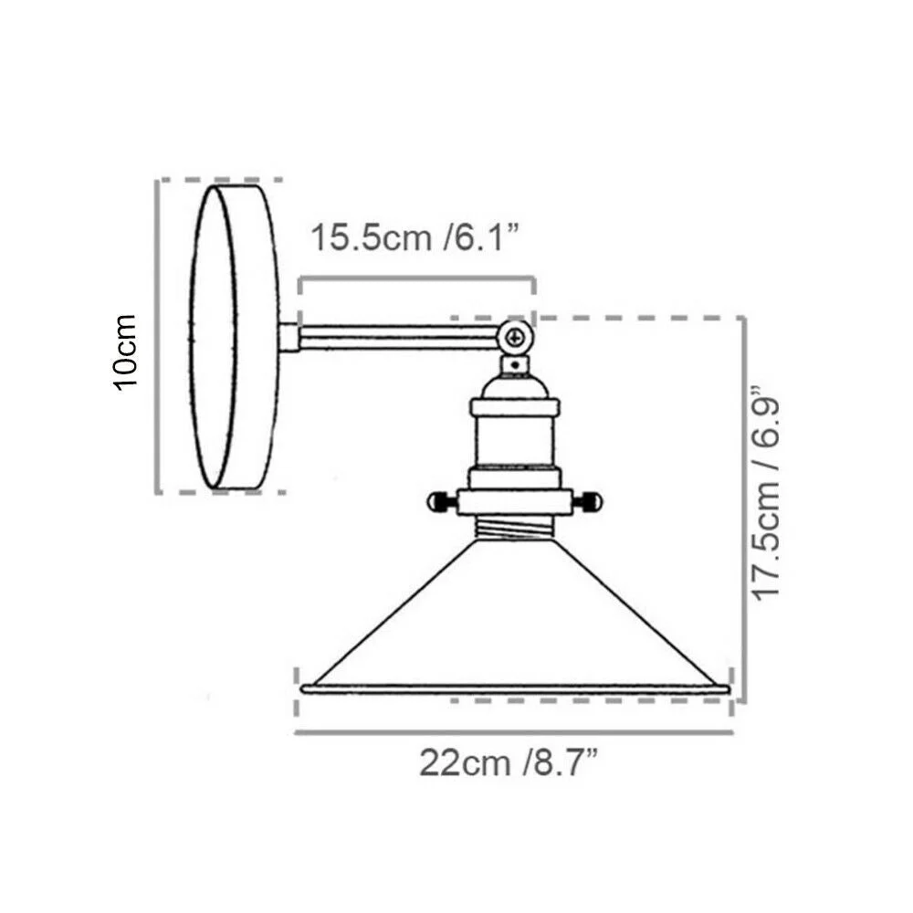 Adjustable black and white industrial style wall lights with metal shades mounted on a white wall, bulb included.