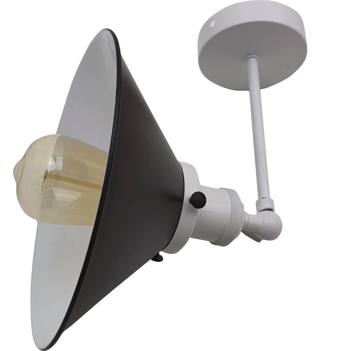 Adjustable black and white industrial style E27 wall light shades mounted on a white wall with visible bulb and arm