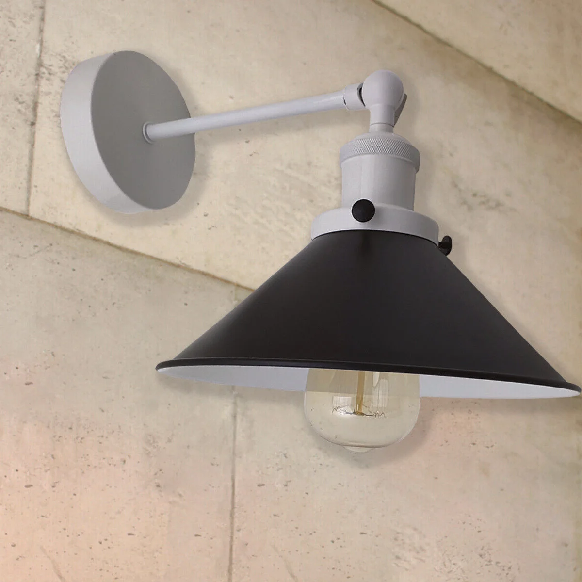 Adjustable black and white industrial style modern wall sconces with E27 bulb and metal shade mounted on wall