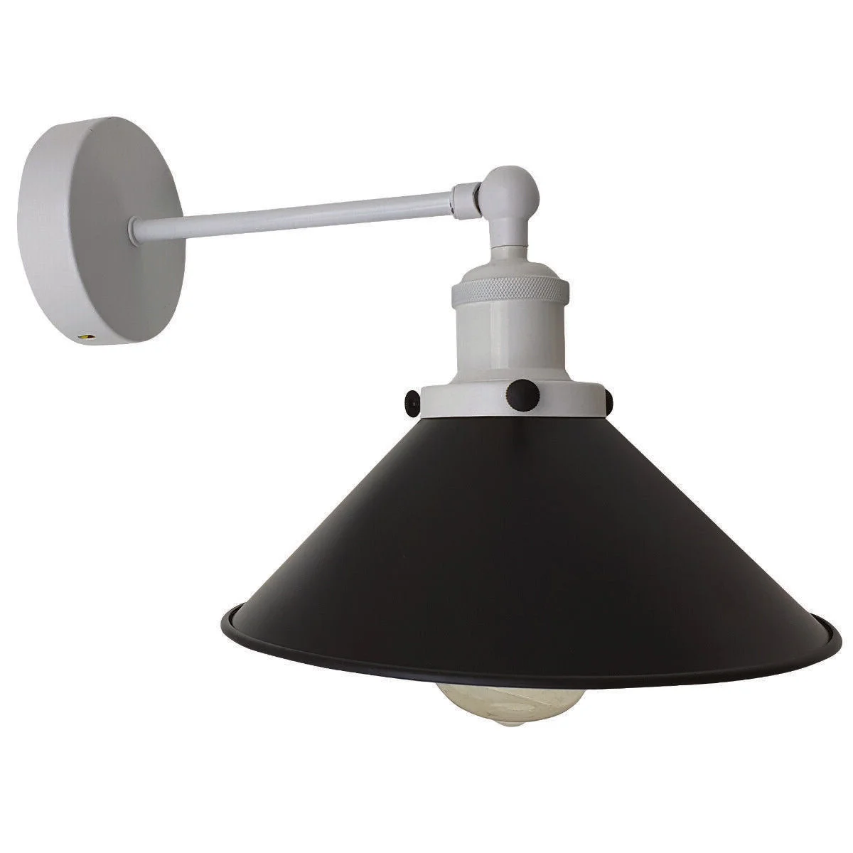 Adjustable black and white industrial style wall sconce lamp with metal shade and E27 bulb included on white background