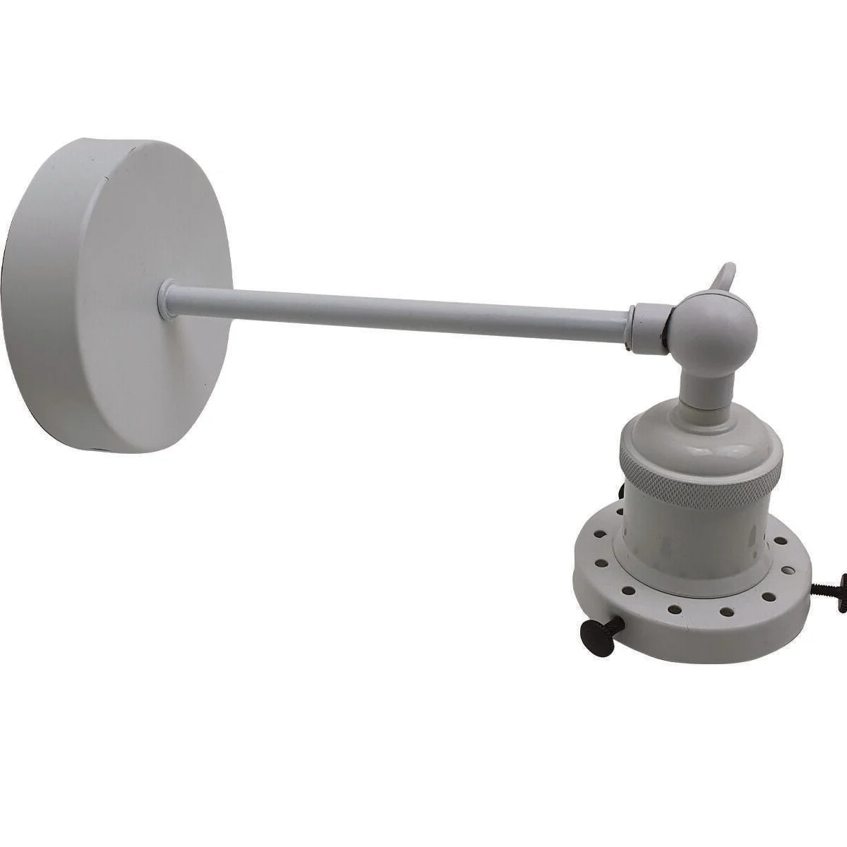 Adjustable black and white industrial style wall sconces with metal shades and included E27 bulb on white background