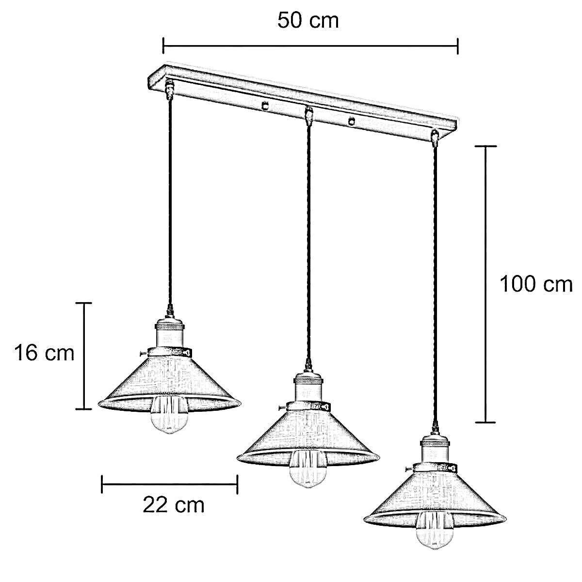 Adjustable white and black metal 3 way ceiling light with three lamp holders and twisted cable hanging from ceiling plate
