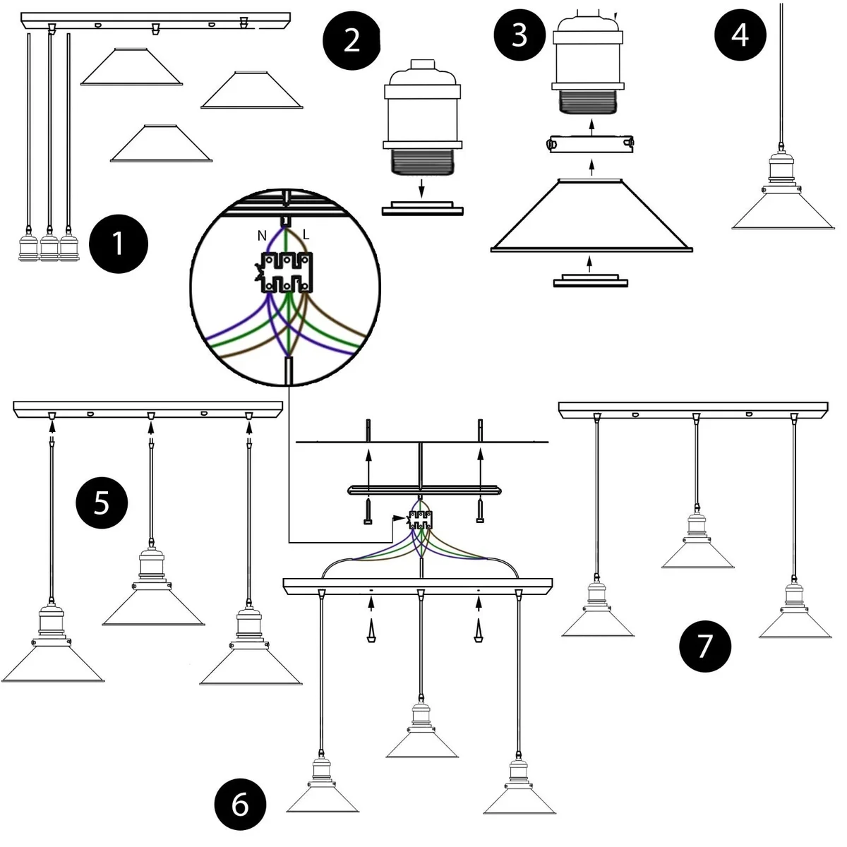 Adjustable black and white ceiling light with three rectangular shades and twisted cables hanging from a metal base