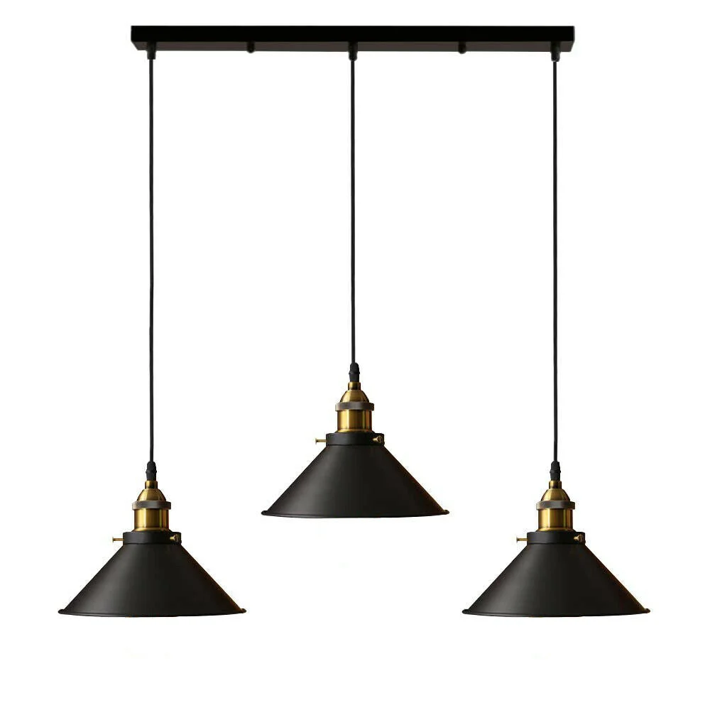 Adjustable ceiling pendant light with three black and white rectangular shades and twisted cable hanging from metal base