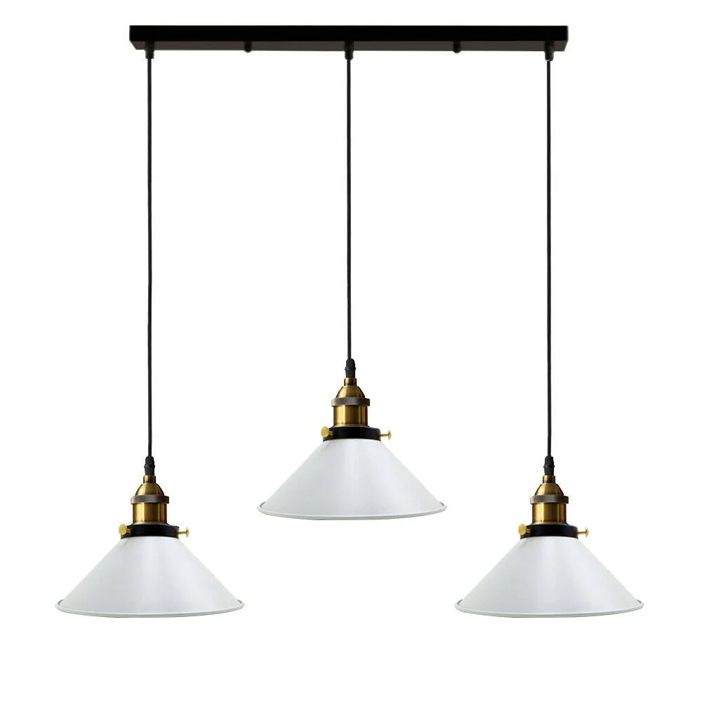 Adjustable ceiling pendant light with three black and white rectangular shades and twisted cables hanging from metal base