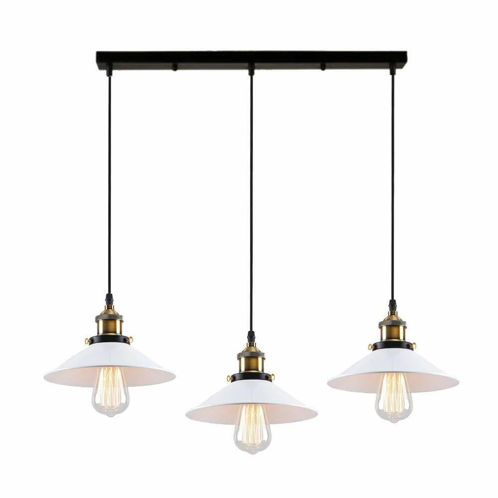 Adjustable ceiling pendant light with three black and white rectangular shades hanging from twisted cables on metal base