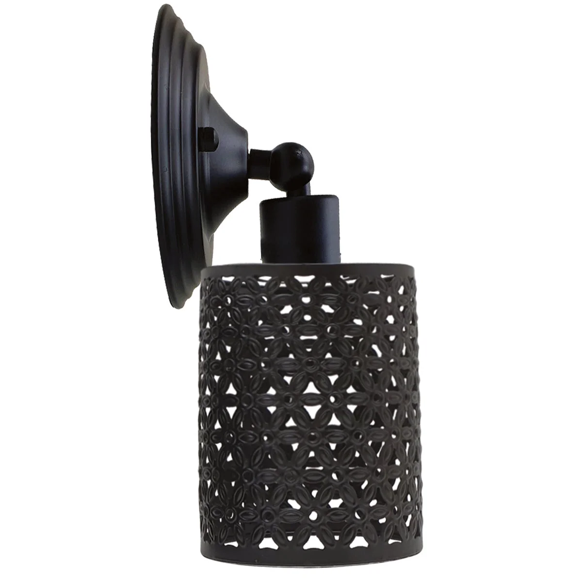 Rustic metal industrial wall light with wire cage design and E27 bulb holder mounted on white wall indoors