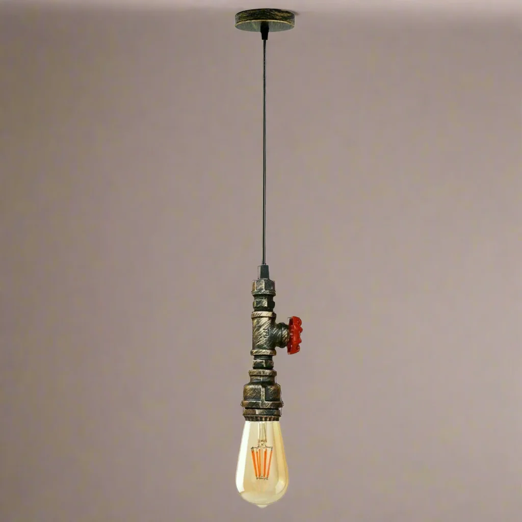 Industrial steampunk pendant light with black metal water pipe design, red valve detail, and adjustable hanging cable