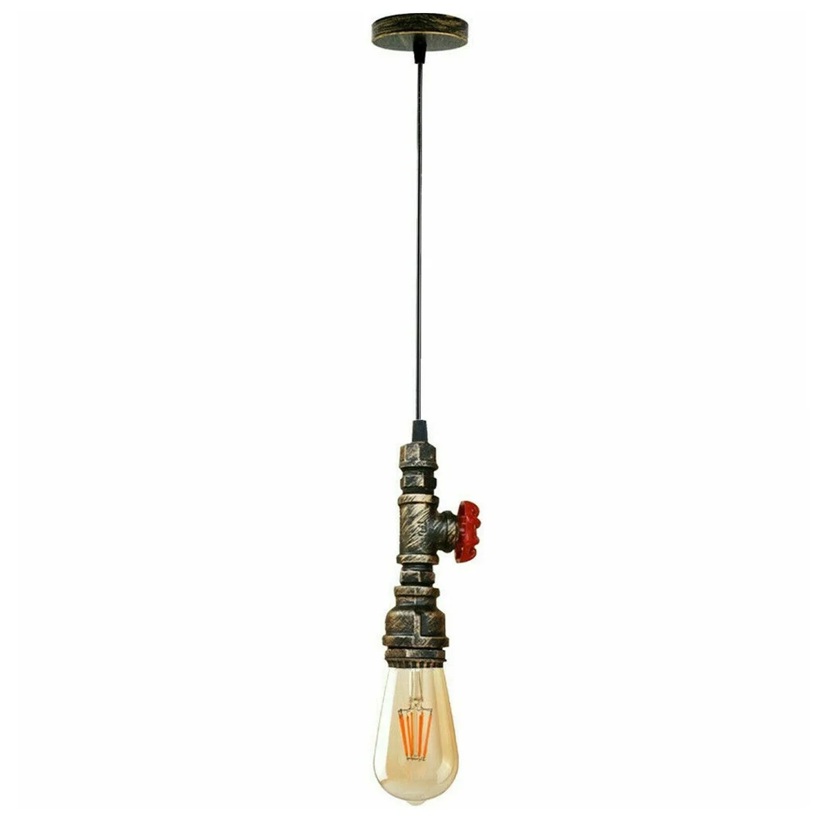 Industrial ceiling light with steampunk water pipe design, black metal finish, and red valve detail hanging from ceiling cable