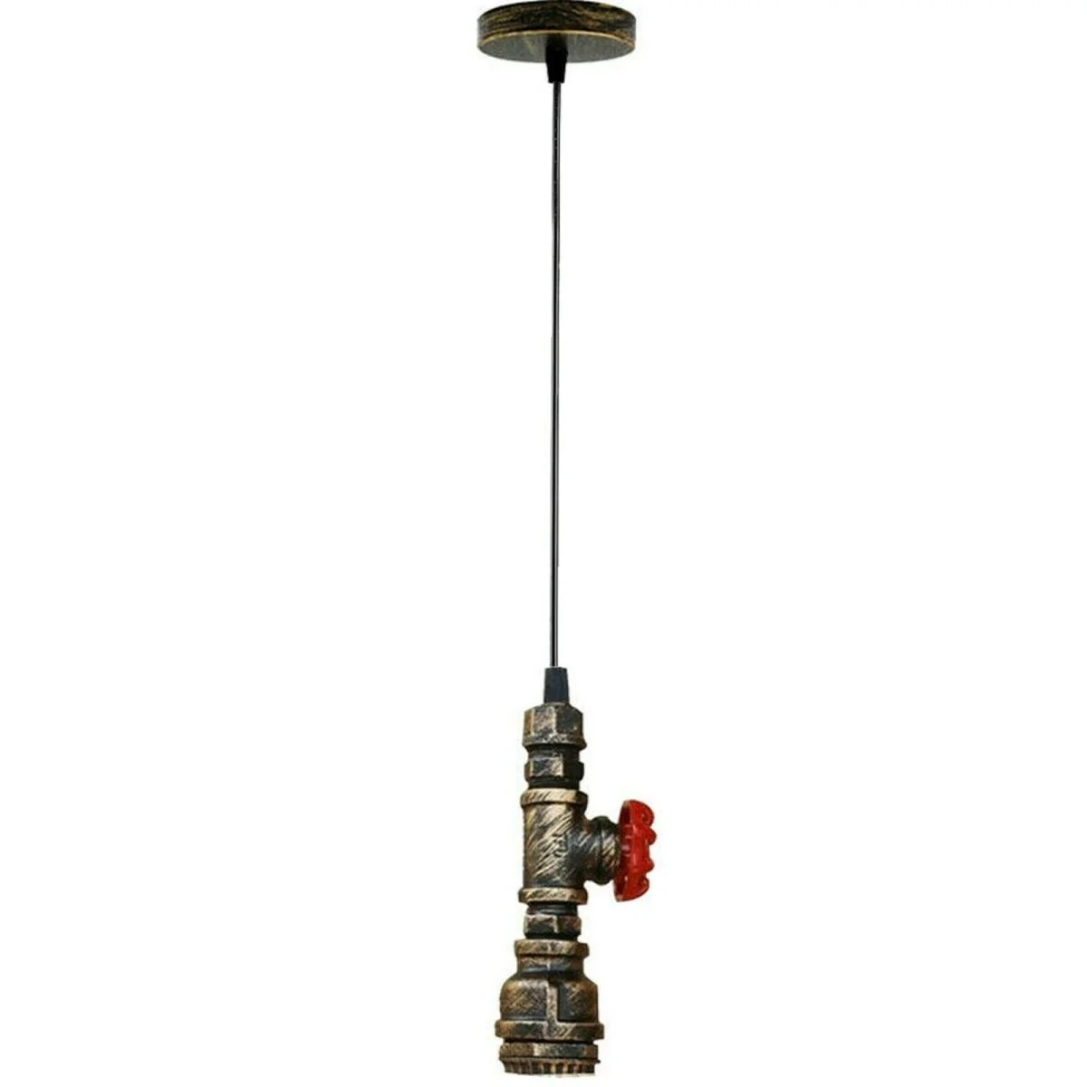 Steampunk metal pipe ceiling light in brushed copper finish with exposed pipe fittings and red valve detail hanging from ceiling