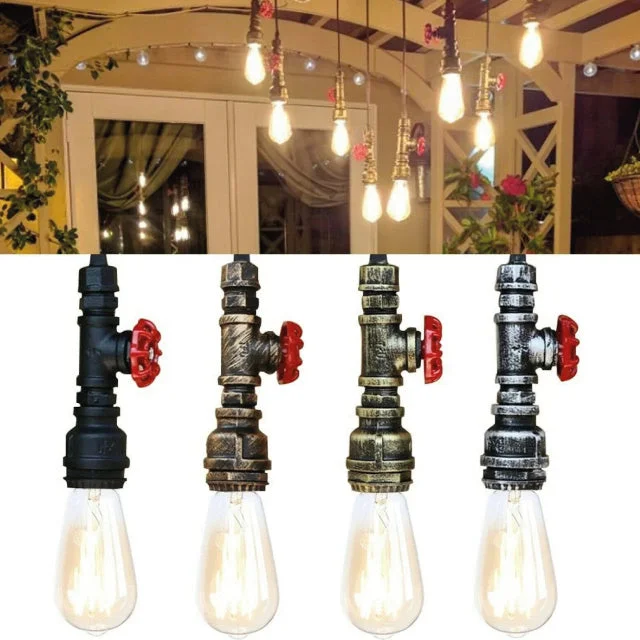Steampunk pendant light with black metal water pipe design, red valve detail, hanging from ceiling with exposed cable