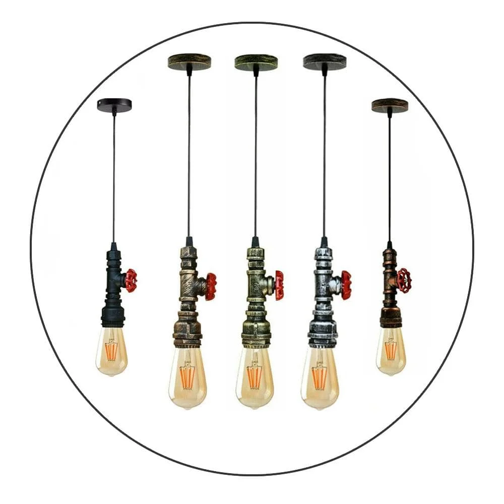 Steampunk pendant light with black metal water pipe design, red valve detail, and adjustable hanging cable against white background